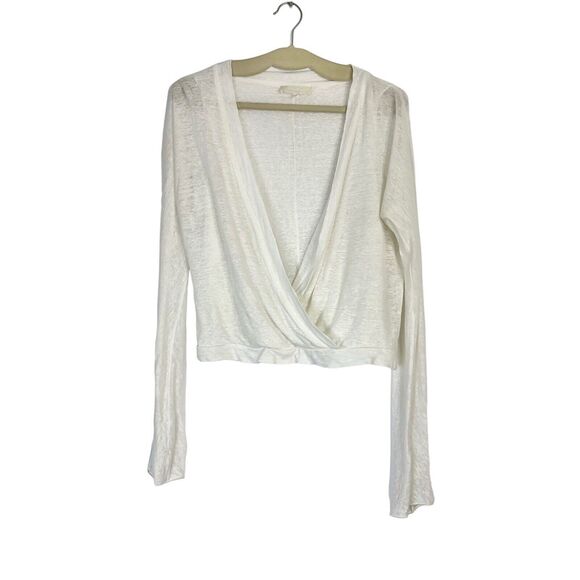 S' MaxMara 100% Linen Surplice Cream Semi Sheer Cropped Top Women’s Size XL - Picture 1 of 6